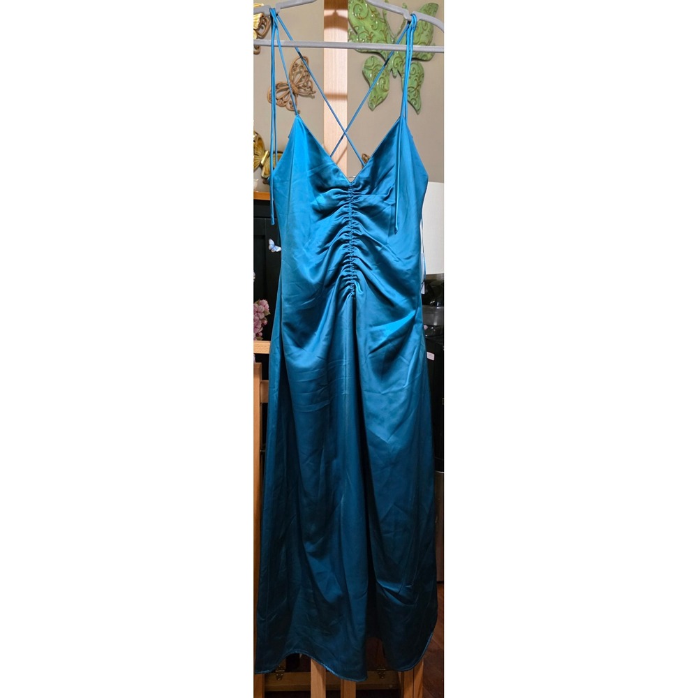 Jason Wu Teal Satin Ruched Front Midi Dress Open Back NWT